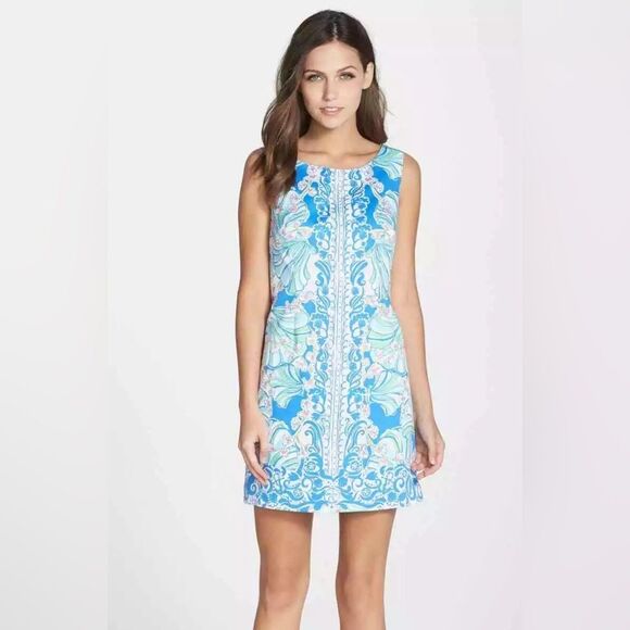 Lilly Pulitzer Cathy Bay Blue Coasting Engineered Shell Shift Dress Size 2 - Picture 1 of 6